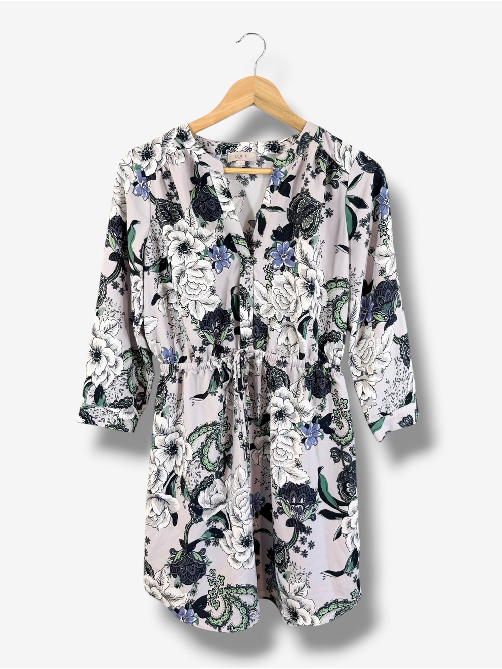 Loft Gray Floral Shirt Dress Size S Drawstring Tie Waist Long Sleeve Casual
